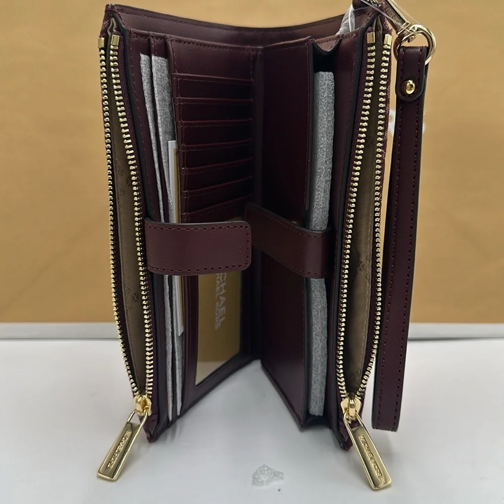 Michael Kors Jet Set Travel Lg Double-Zip Wristlet-Wallet-PhoneHolder Oxblood